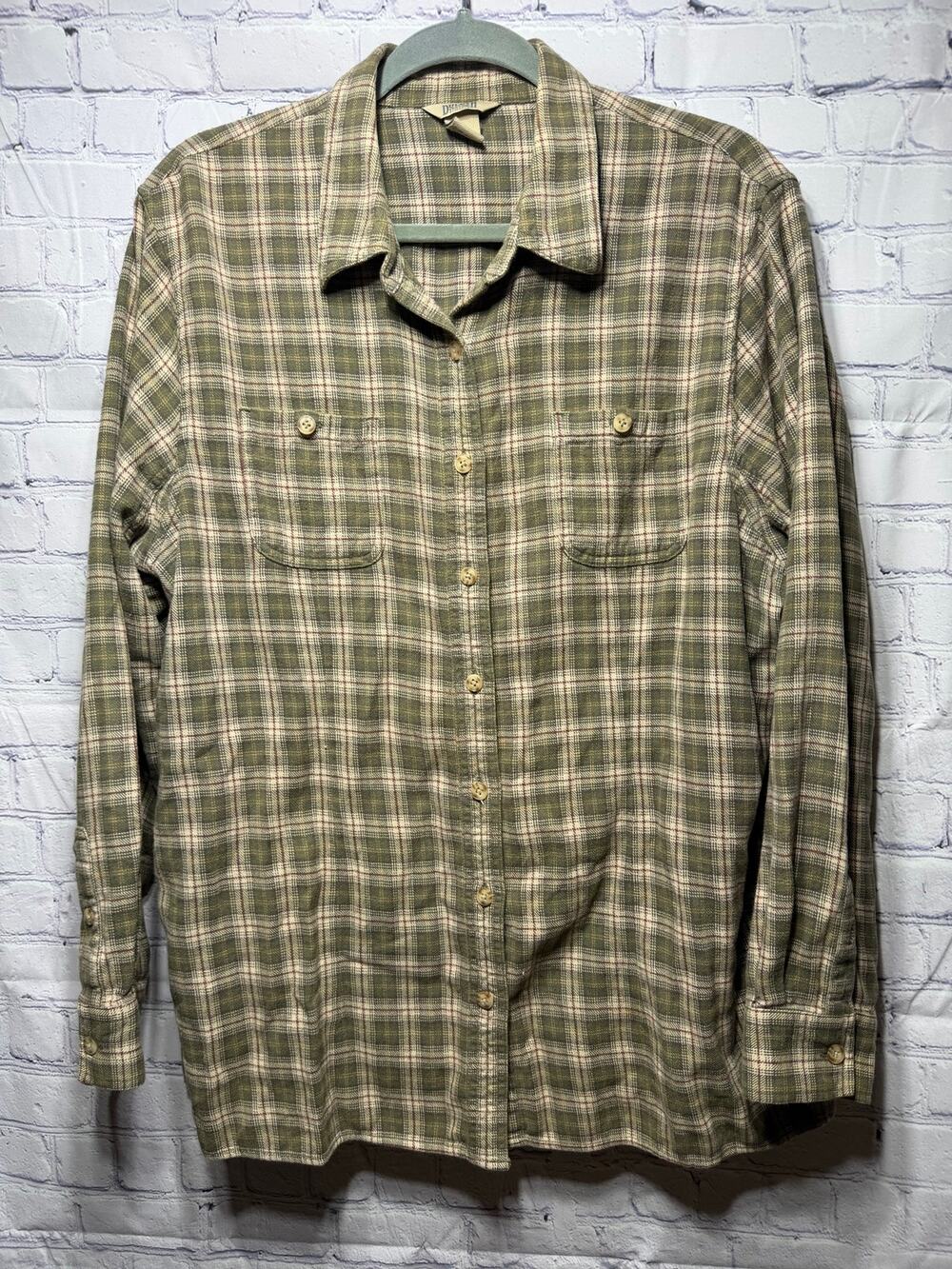 Duluth Trading Co Womens Plaid Button Down Green Tan Sz L Cotton Western